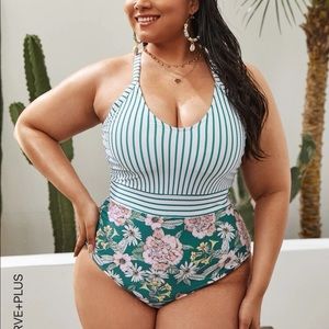 One piece bathing suit with floral and stripe pattern